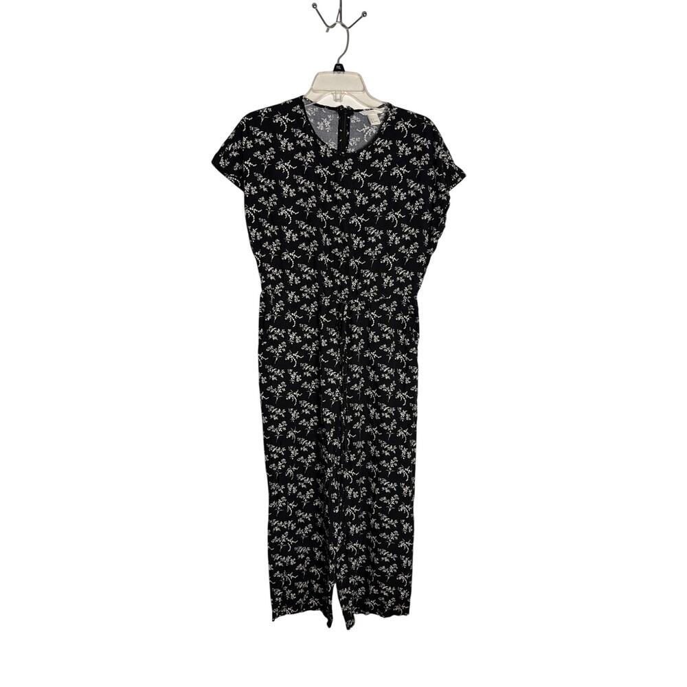 H&M Womens Size 4 Black Floral Jumpsuit Short Sleeve Wide Leg V-Neck Casual